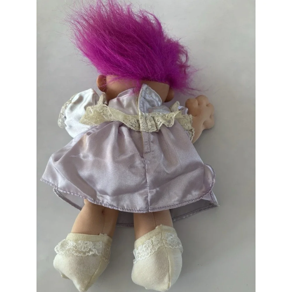 Russ Berrie Vintage Troll Doll Purple Satin Dress Purse Soft Body Blue Eyes 3330